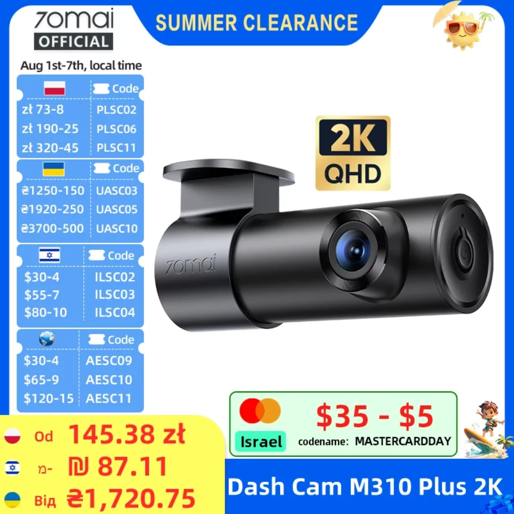 מצלמת דרך 70mai M310 Plus 2K עם ראיית לילה, שליטה קולית ושמירה בחניה – תמונת מוצר